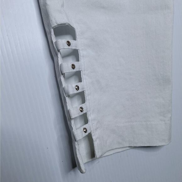 Attyre Caroline Crop Pull On Pants 10 White Rhinestone Cut Out Ankle Stretch - Picture 2 of 7